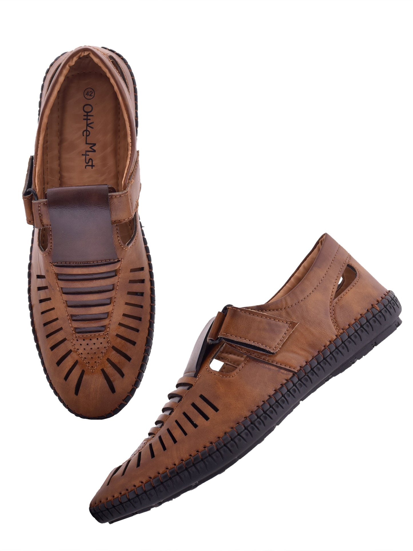 Men Tan & Brown Vegan Shoe-Style Ethnic Sandals (OMCS-03-TAN)