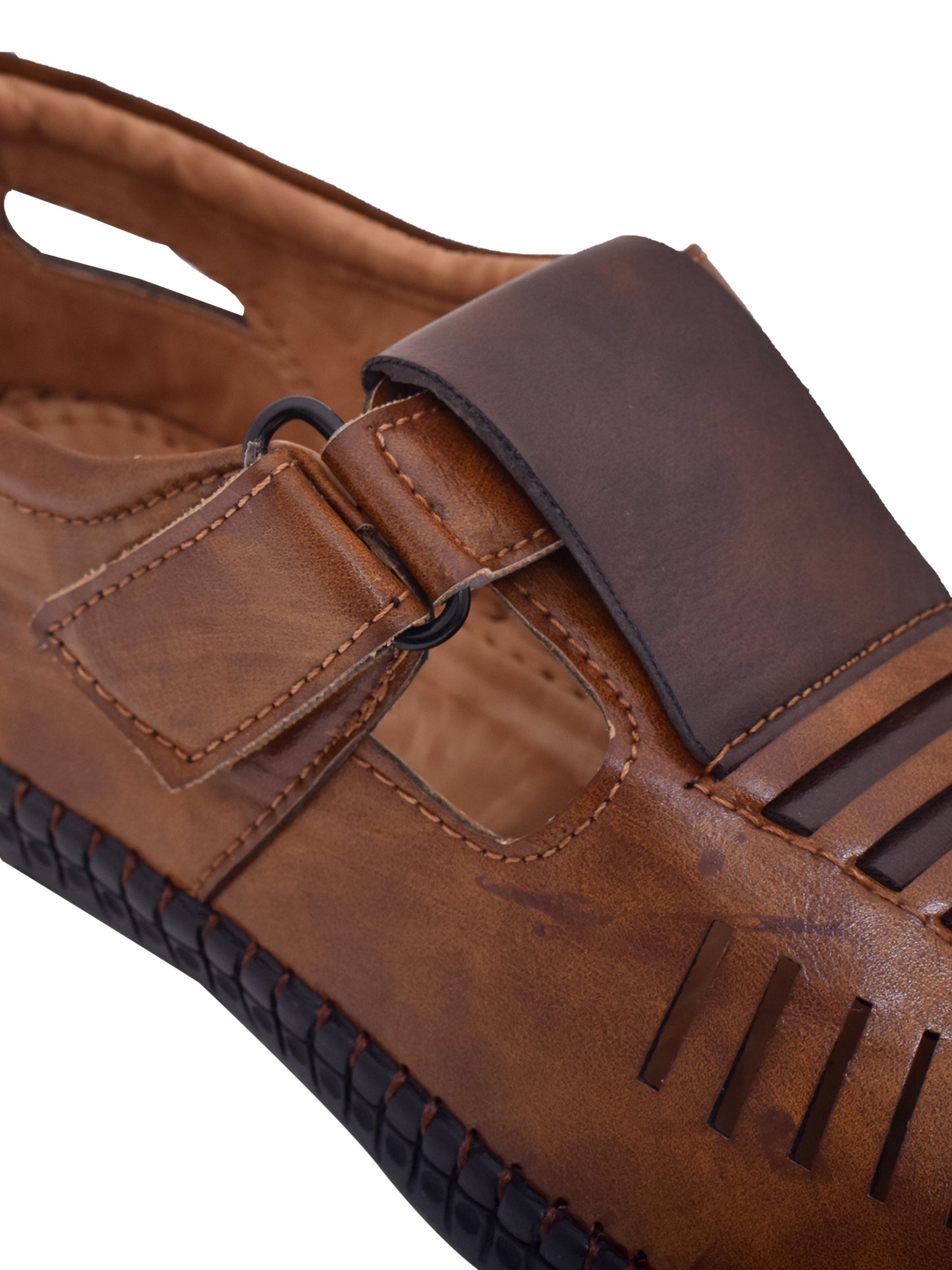 Men Tan & Brown Vegan Shoe-Style Ethnic Sandals (OMCS-03-TAN)