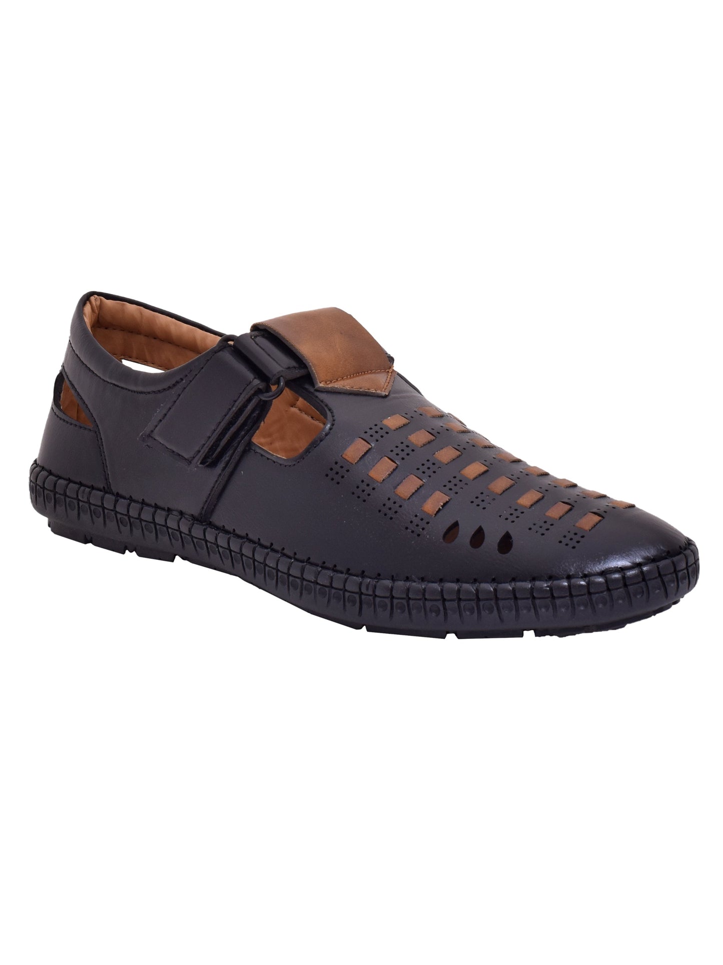 Men Black  Brown Vegan Shoe-Style Ethnic Sandals (OMCS-02-BLACK)