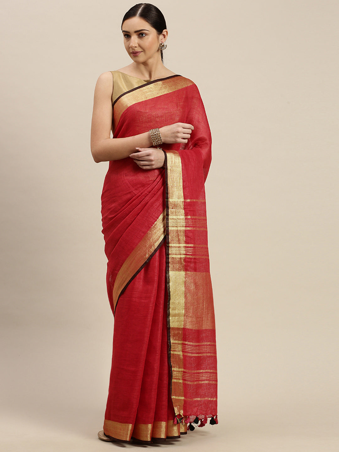 Red & Golden Pure Linen Solid Handloom Sustainable Bhagalpuri Saree (NASR3-59-RED)