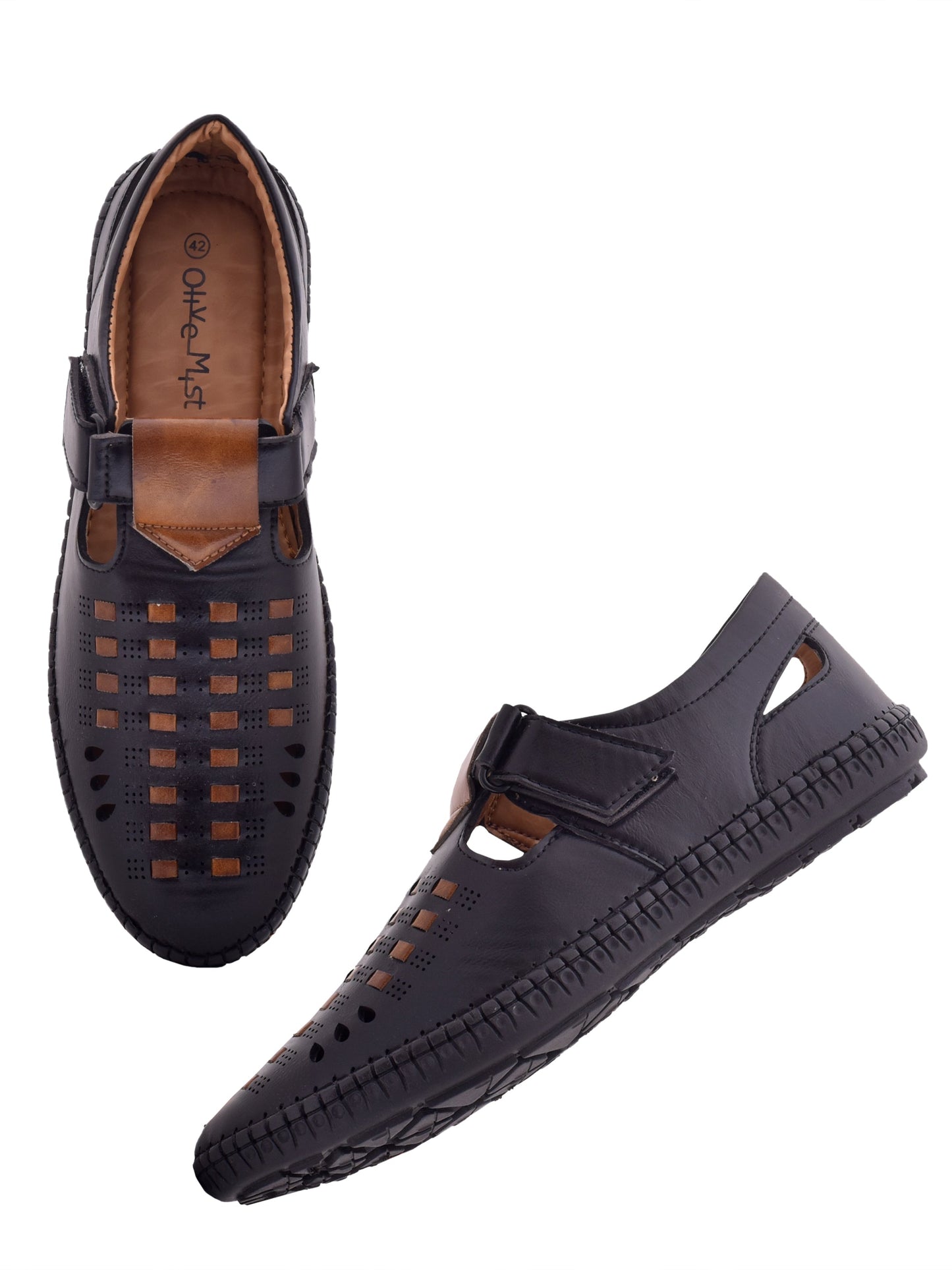 Men Black  Brown Vegan Shoe-Style Ethnic Sandals (OMCS-02-BLACK)