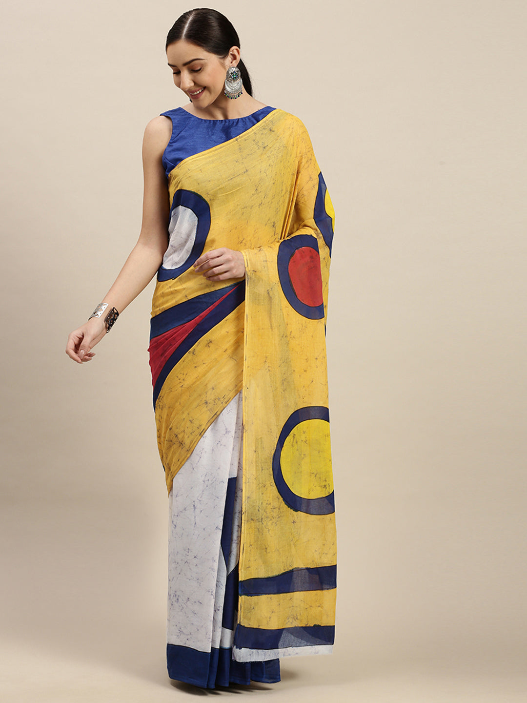 Yellow & White Pure Cotton Printed Linen Saree (NASR3-63-YELLOW)