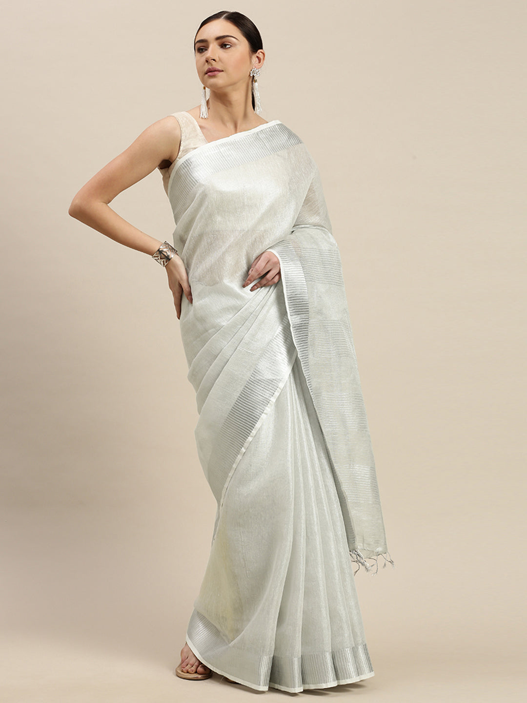 White Tissue Solid Bhagalpuri Handloom Saree (NASR3-72-SILVER)