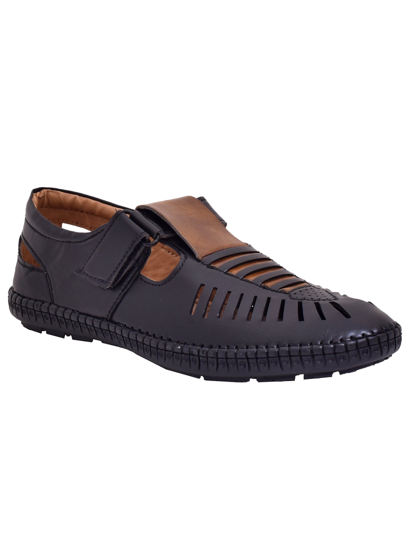 Men Black  Brown Vegan Shoe-Style Ethnic Sandals (OMCS-03-BLACK)