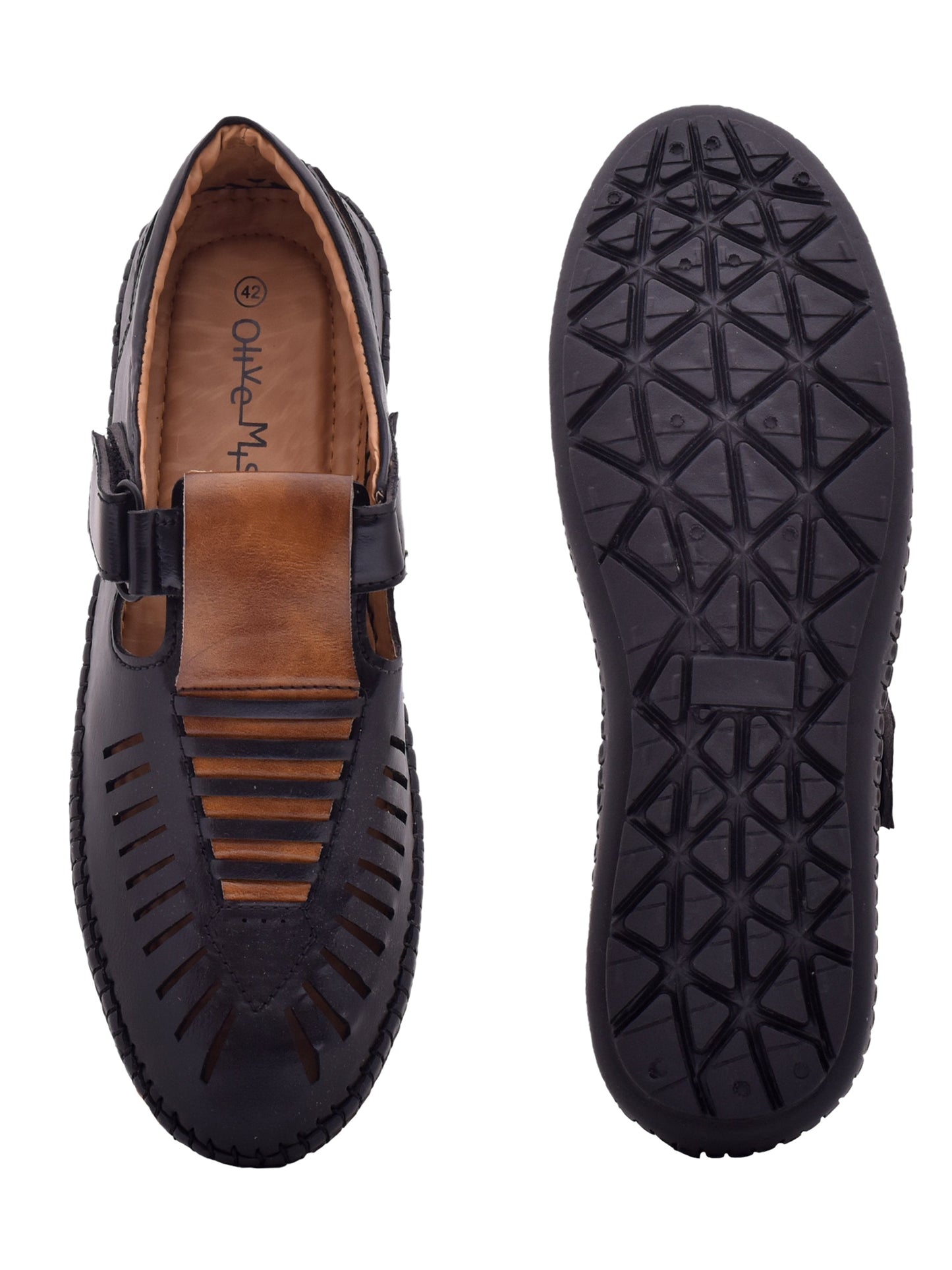 Men Black  Brown Vegan Shoe-Style Ethnic Sandals (OMCS-03-BLACK)