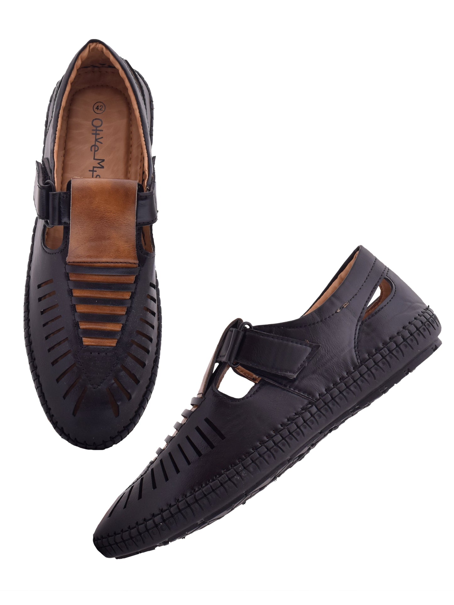 Men Black  Brown Vegan Shoe-Style Ethnic Sandals (OMCS-03-BLACK)