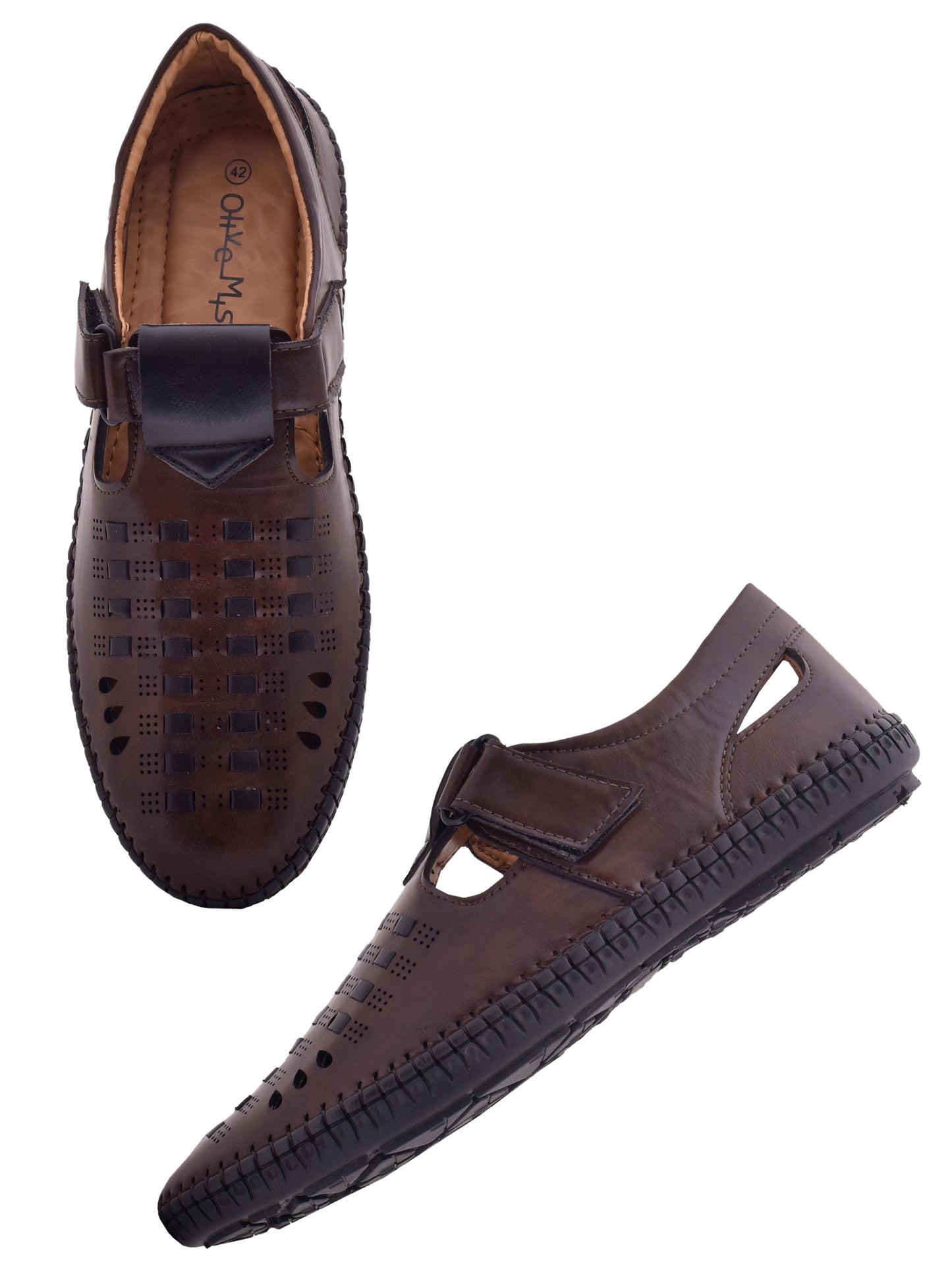 Men Brown Vegan Shoe-Style Ethnic Sandals (OMCS-02-BROWN)