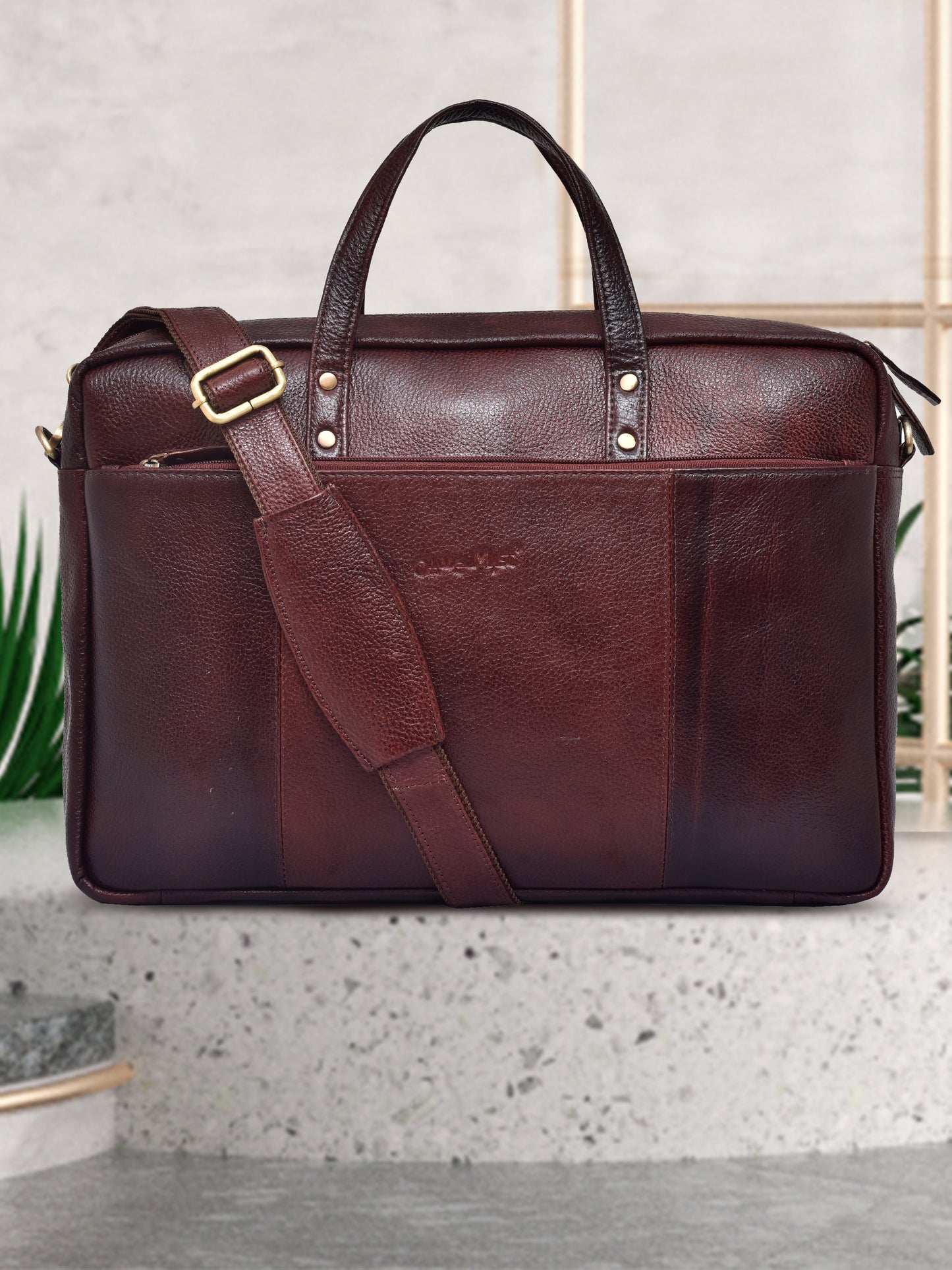 Unisex Brown Solid Leather Laptop Bag 16 Inch (OMLB-024N-B-BROWN)