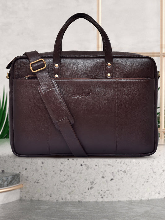 Unisex Coffee Brown Solid Leather Laptop Bag 16 Inch (OMLB-024N-C-BROWN)