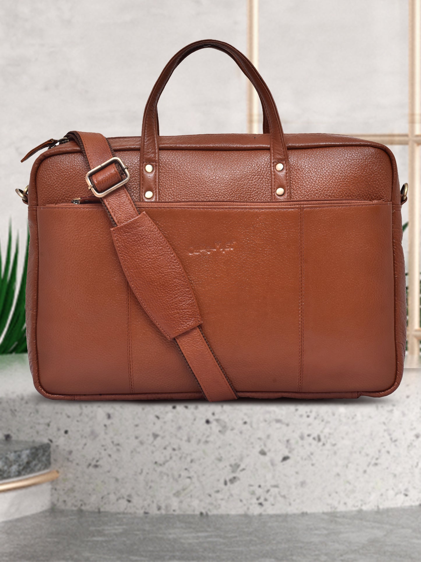 Unisex Tan Leather 16 Inch Laptop Bag (OMLB-024N-TAN)