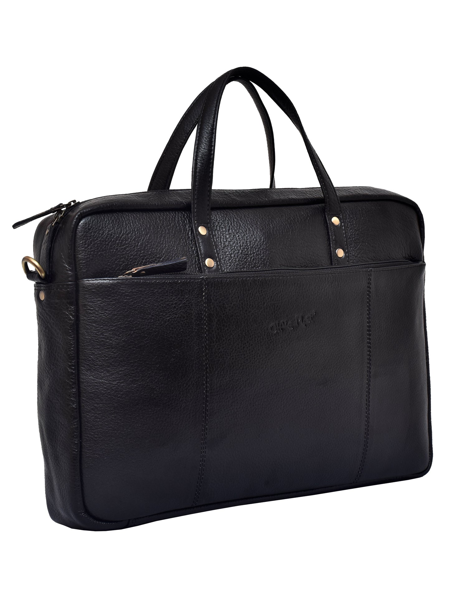 Unisex Black Solid Leather Laptop Bag 16 Inch (OMLB-024N-BLACK)