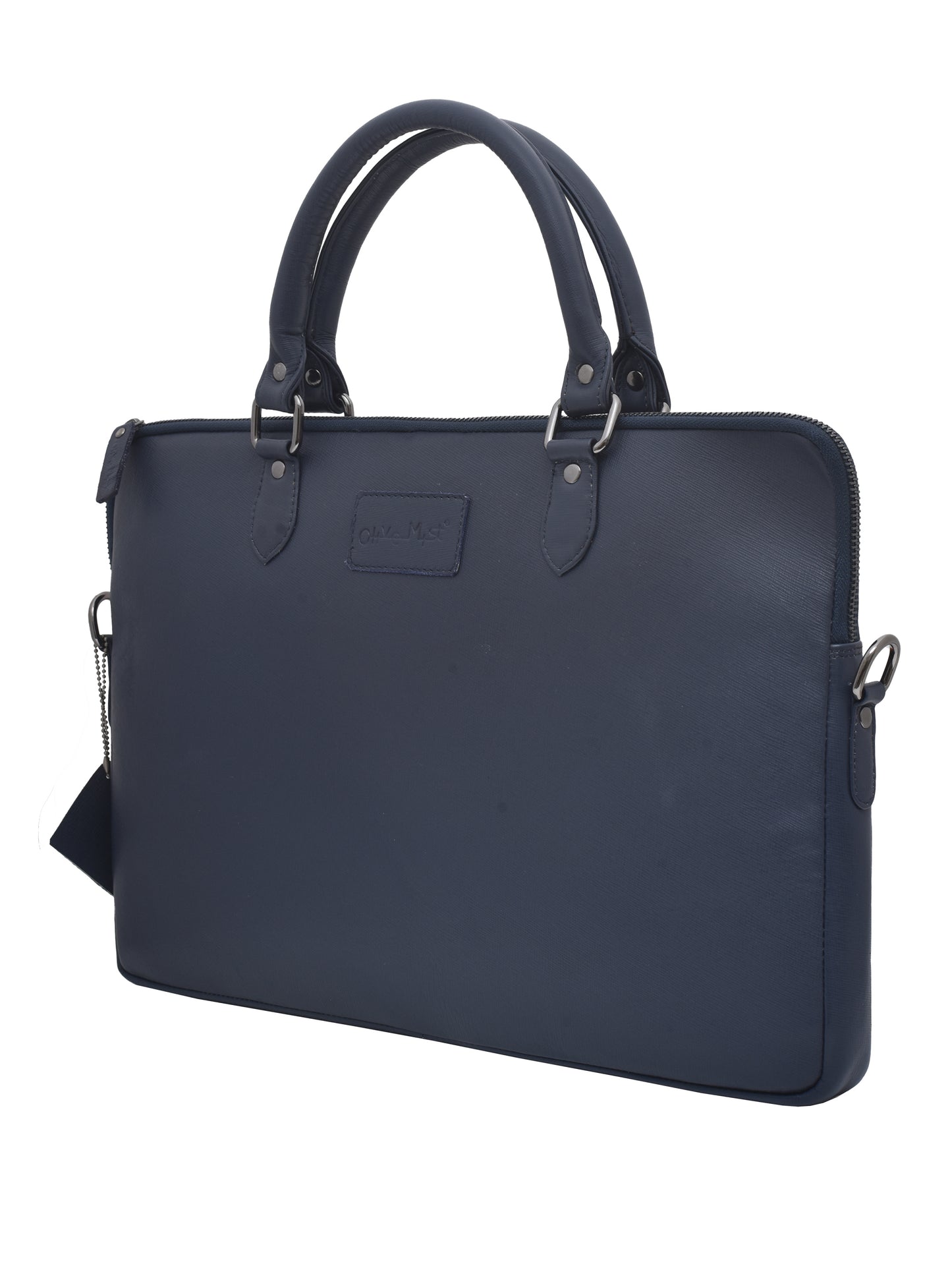 Unisex Navy Leather 16 Inch Laptop Bag (OMLB-001-S-BLUE)