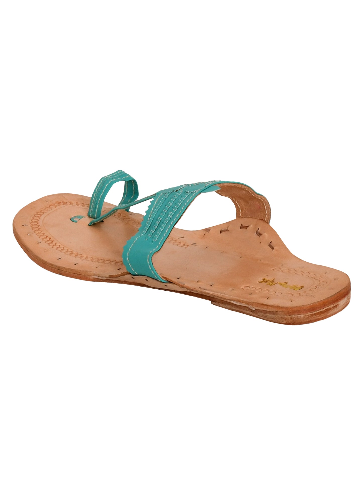 Women Blue Ethnic Leather Handcrafted Kolhapuri Flats (OMKPW-001-BLUE)