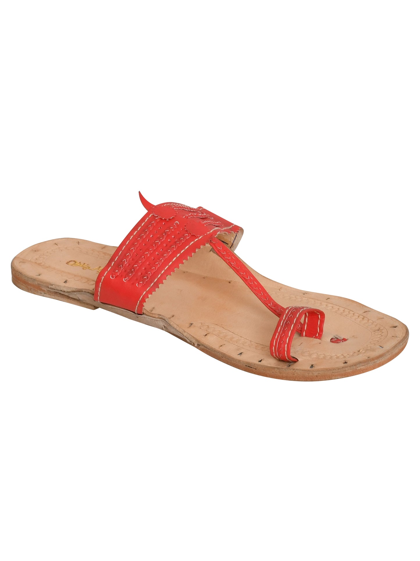 Women Red Ethnic Leather Handcrafted Kolhapuri Flats (OMKPW-001-RED)