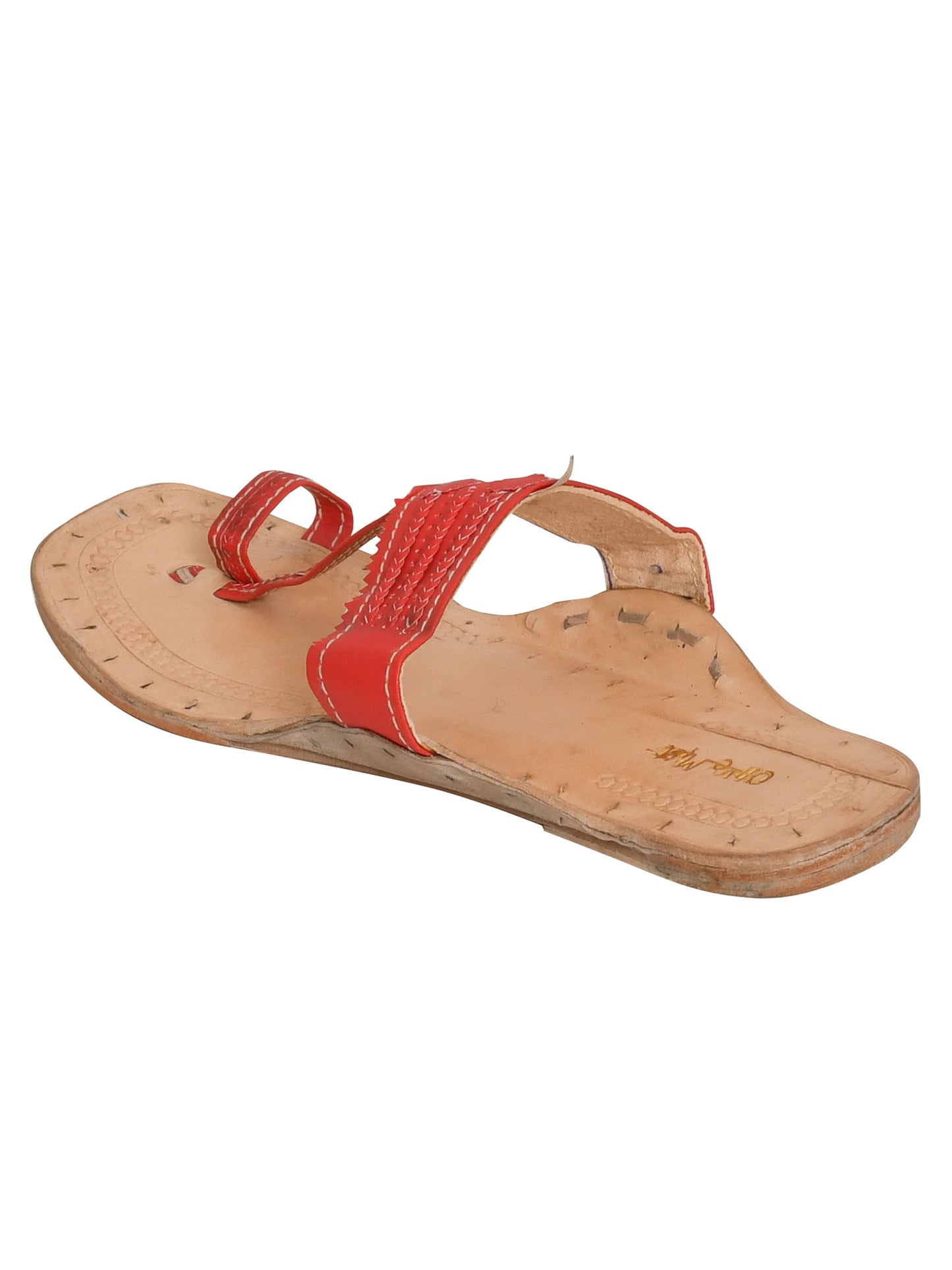 Women Red Ethnic Leather Handcrafted Kolhapuri Flats (OMKPW-001-RED)