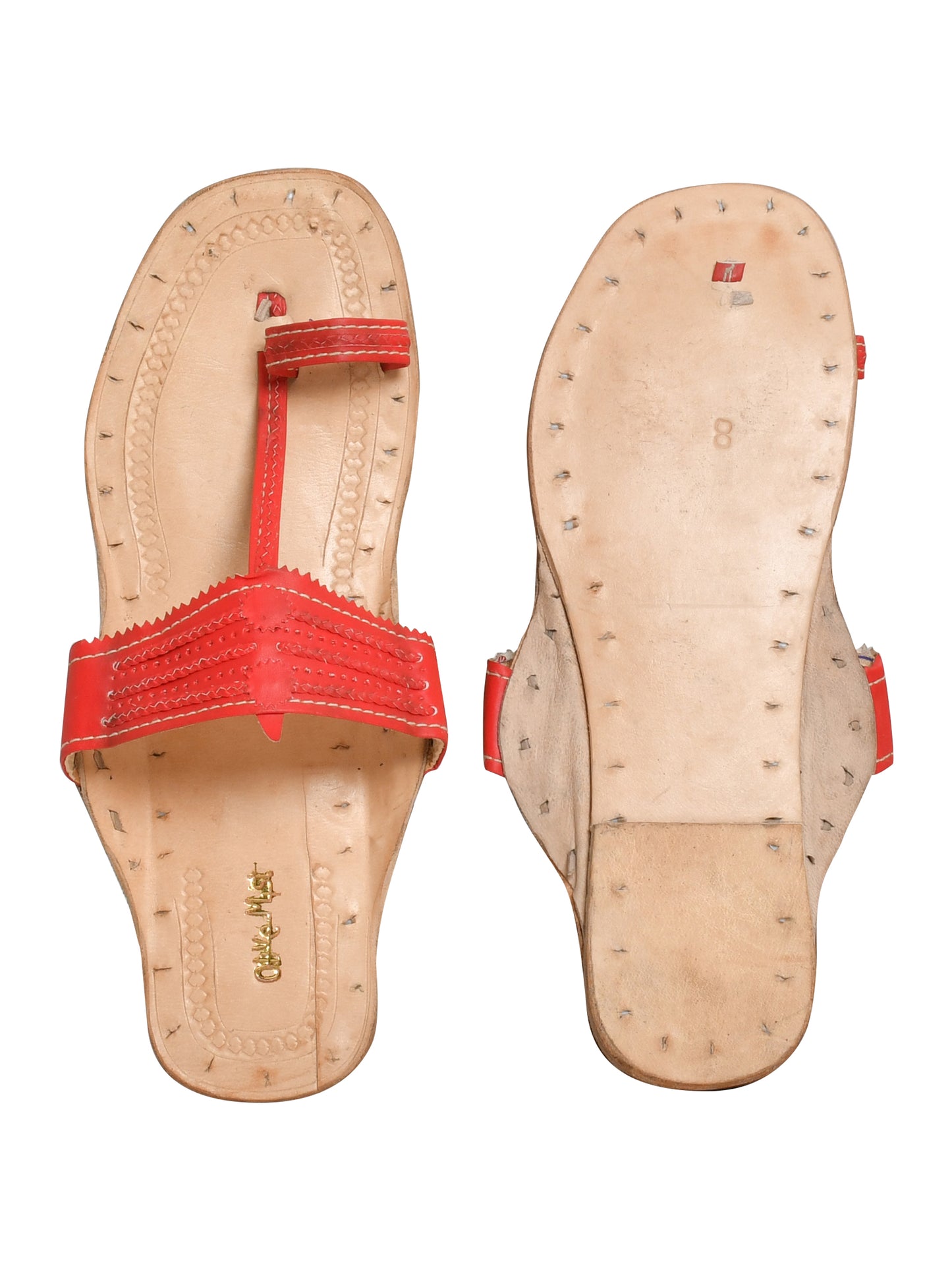 Women Red Ethnic Leather Handcrafted Kolhapuri Flats (OMKPW-001-RED)