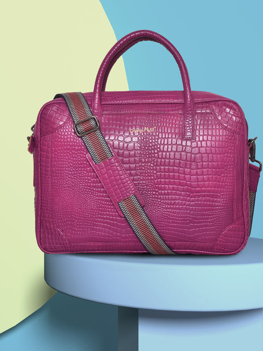 Unisex Leather Laptop Bag Burgundy Crocodile Textured  16 Inch (OMLB-016-C-BRGNDY)