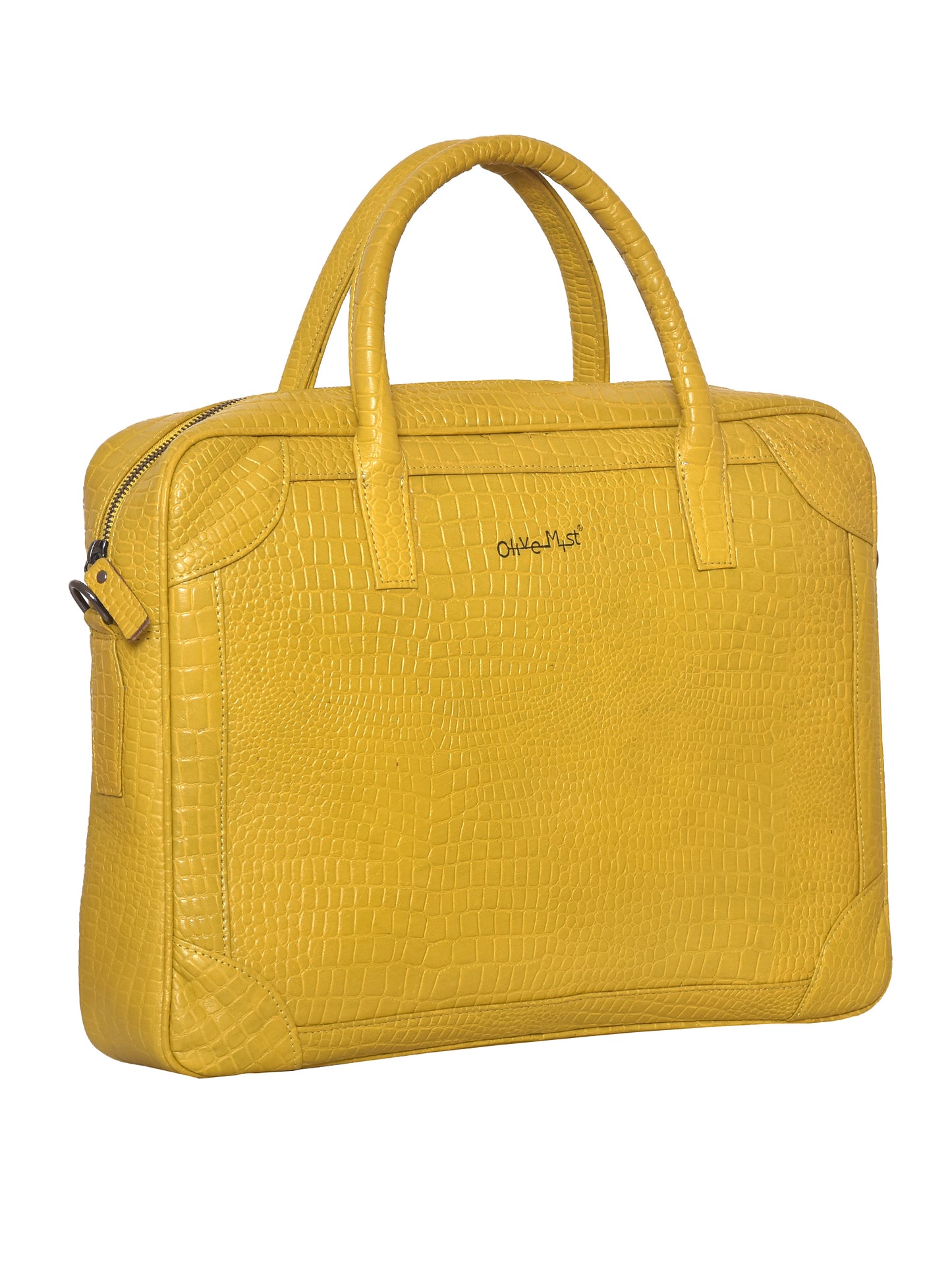 Unisex Mustard Crocodile Textured Leather Laptop Bag 16 Inch (OMLB-016-C-MUSTARD)