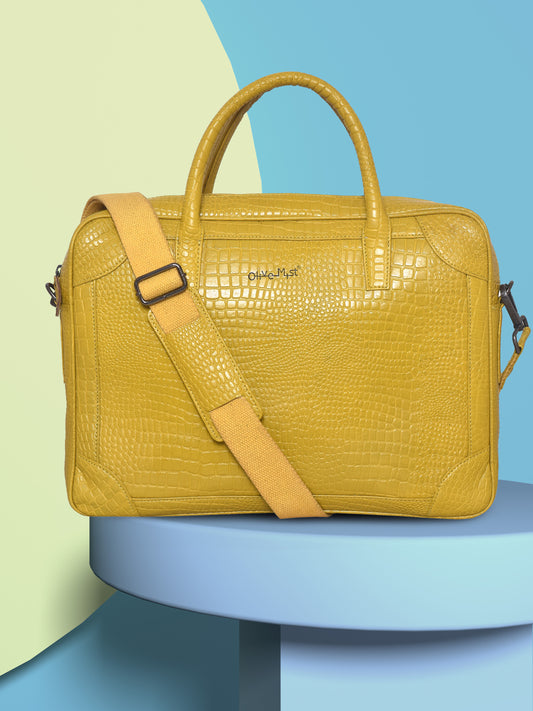 Unisex Mustard Crocodile Textured Leather Laptop Bag 16 Inch (OMLB-016-C-MUSTARD)