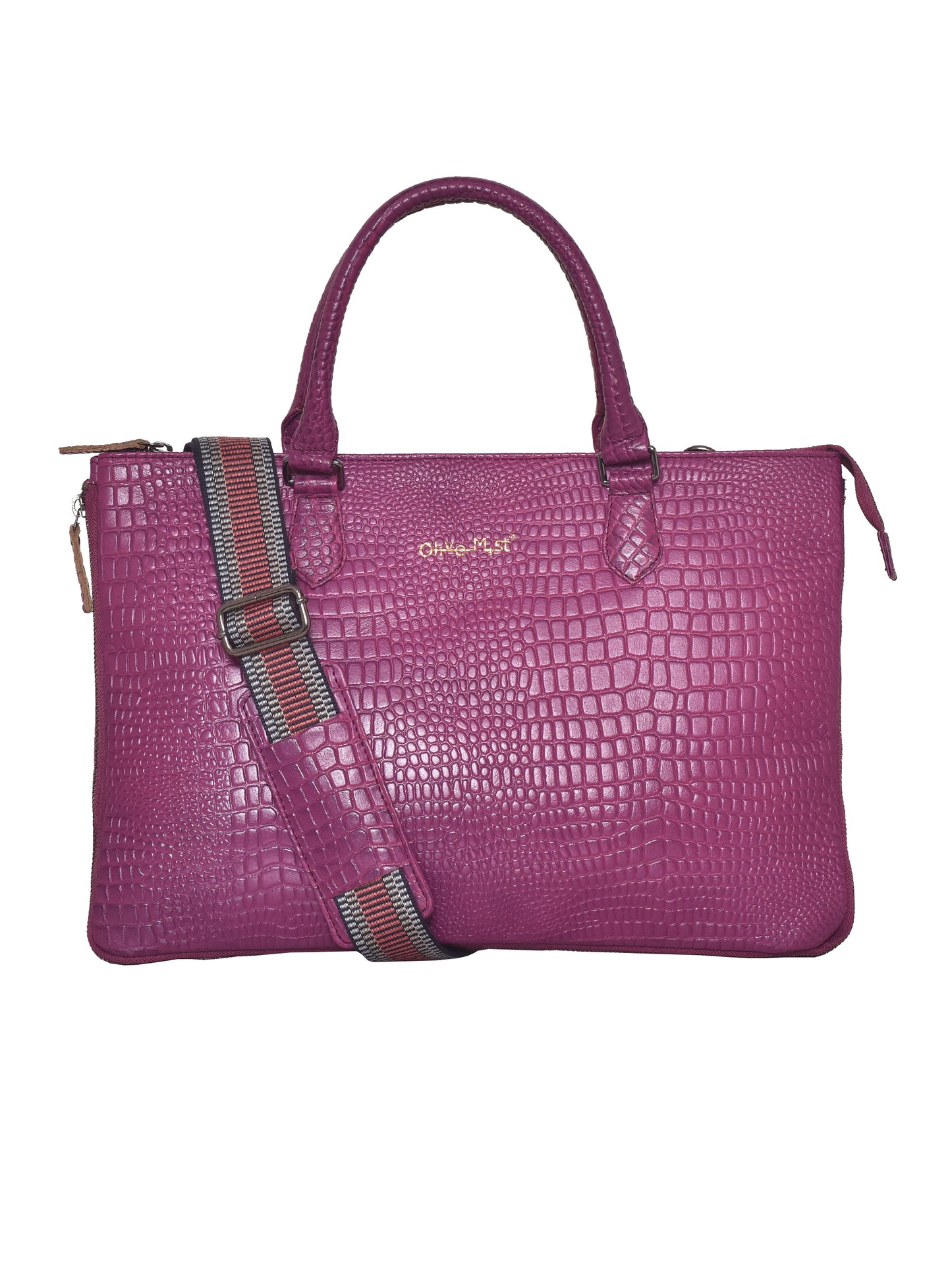 Unisex Leather Laptop Bag Expandable - Burgundy Crocodile Textured 16 Inch (OMLB-018-C-BRGNDY)