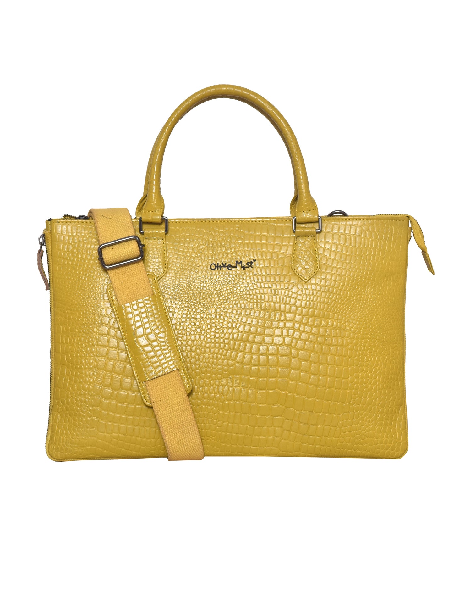 Unisex Mustard Crocodile Textured Leather Expandable Laptop Bag 16 Inch (OMLB-018-C-MUSTARD)