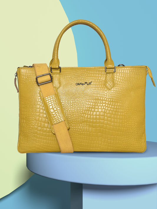 Unisex Mustard Textured Leather Expandable Laptop Bag 16 Inch (OMLB-018-C-MUSTARD)