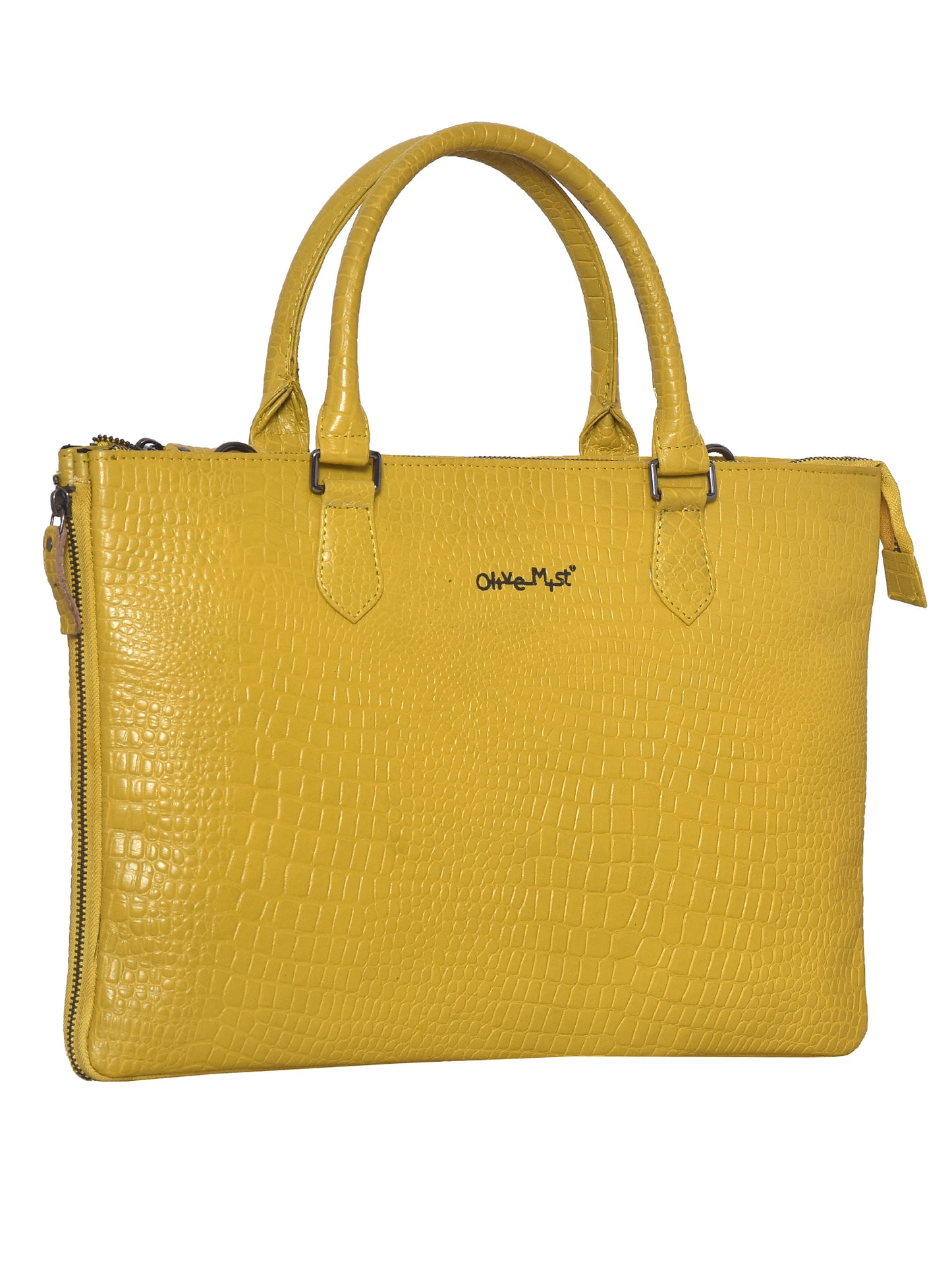 Unisex Mustard Crocodile Textured Leather Expandable Laptop Bag 16 Inch (OMLB-018-C-MUSTARD)