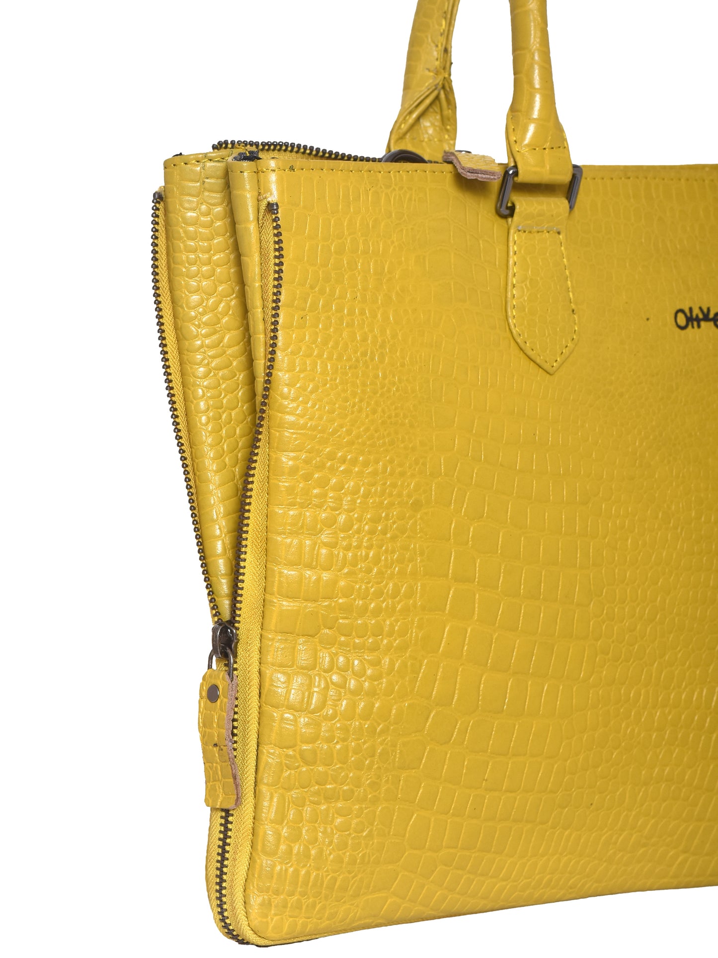 Unisex Mustard Crocodile Textured Leather Expandable Laptop Bag 16 Inch (OMLB-018-C-MUSTARD)