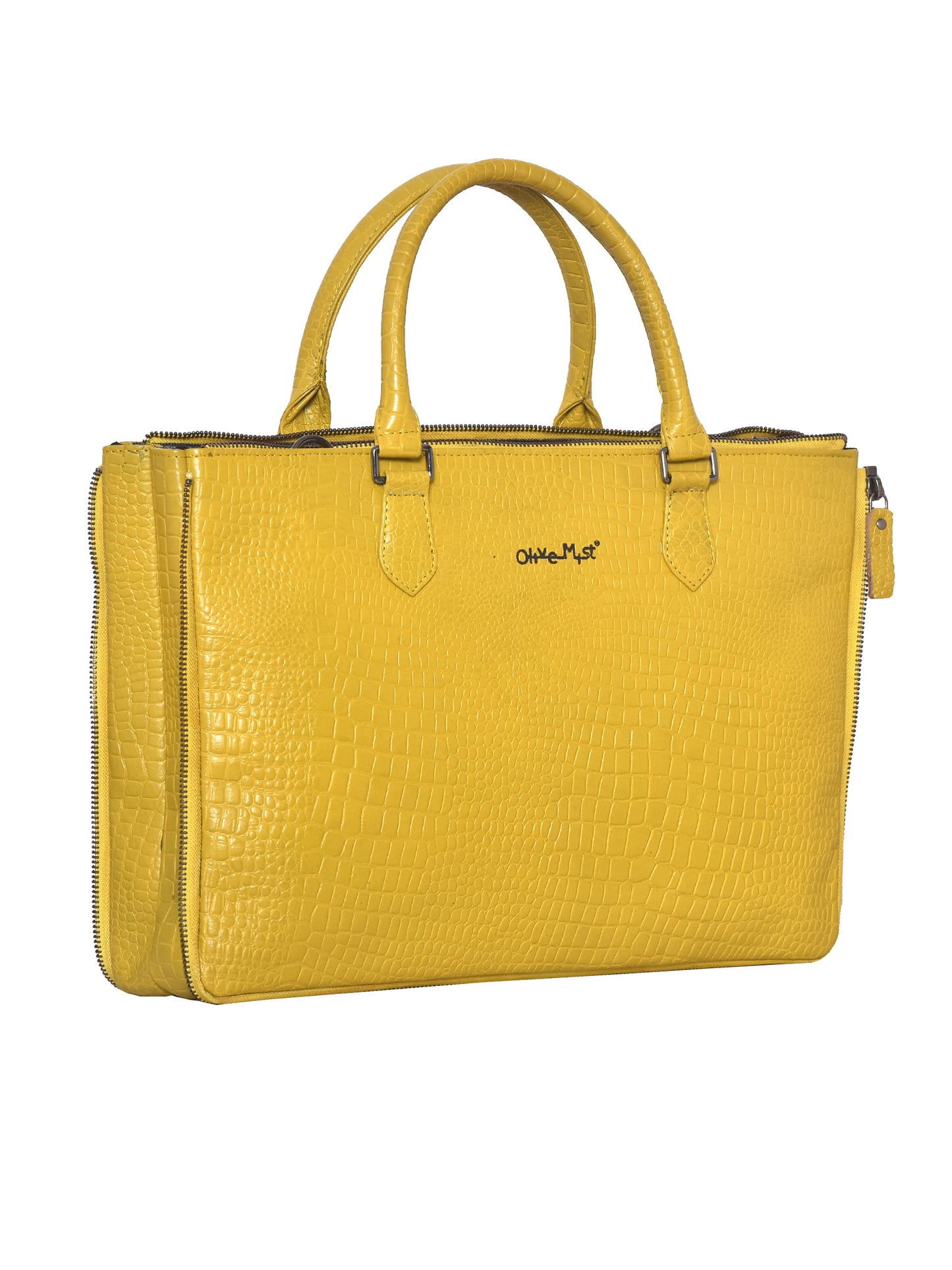 Unisex Mustard Crocodile Textured Leather Expandable Laptop Bag 16 Inch (OMLB-018-C-MUSTARD)