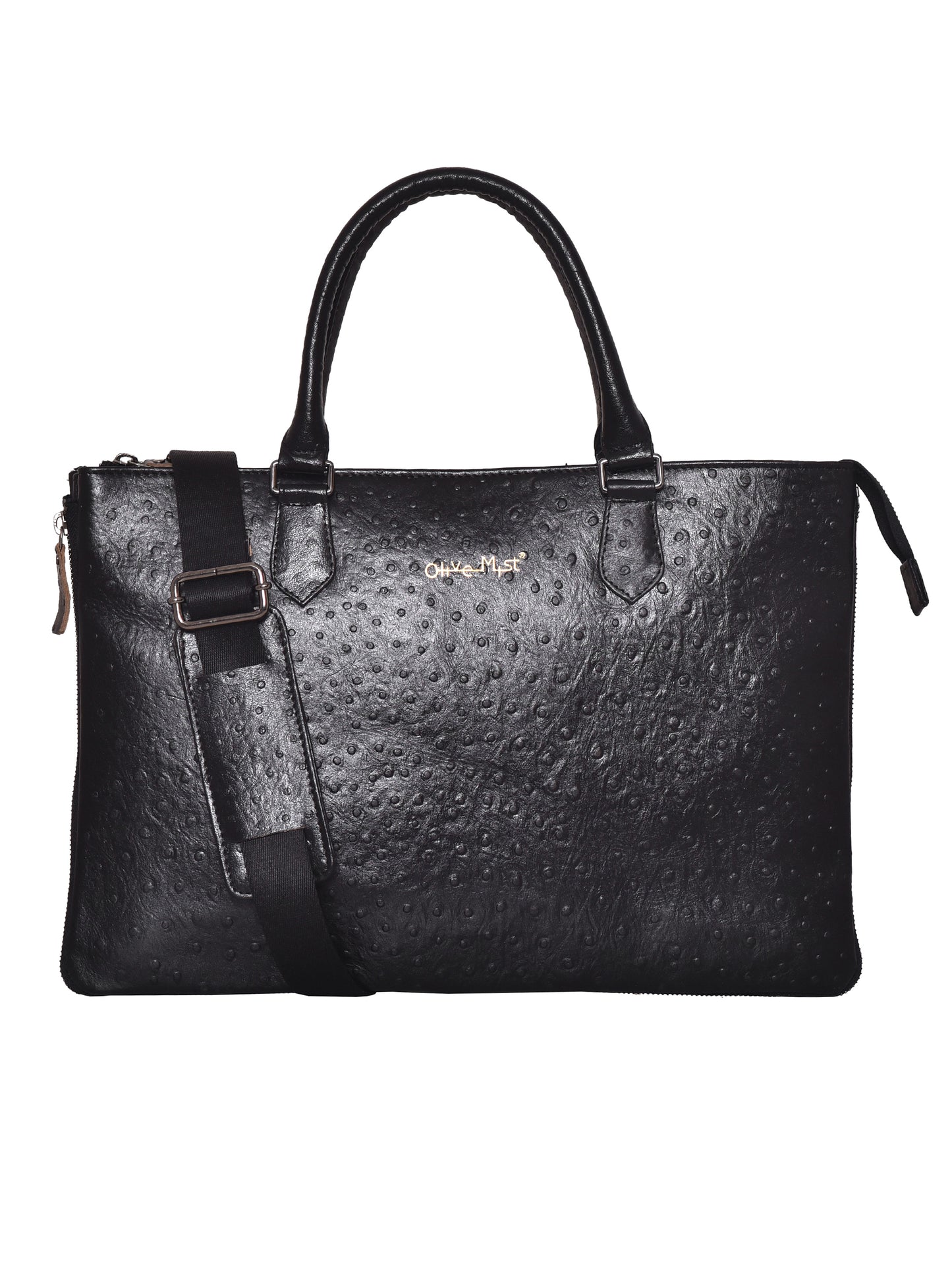 Unisex Black Ostrich Textured Leather Expandable Laptop Bag 16 Inch (OMLB-018-O-BLACK)