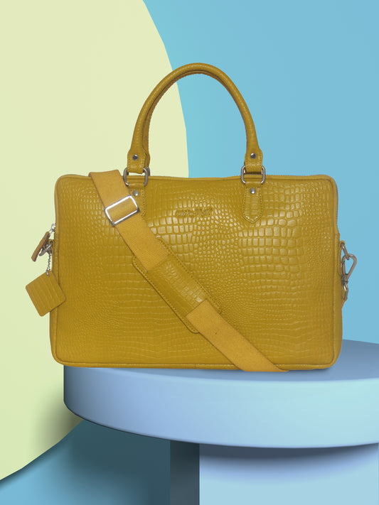Unisex Mustard Crocodile Print Leather Laptop Bag 16 Inch (OMLB-001-C-MUSTARD)
