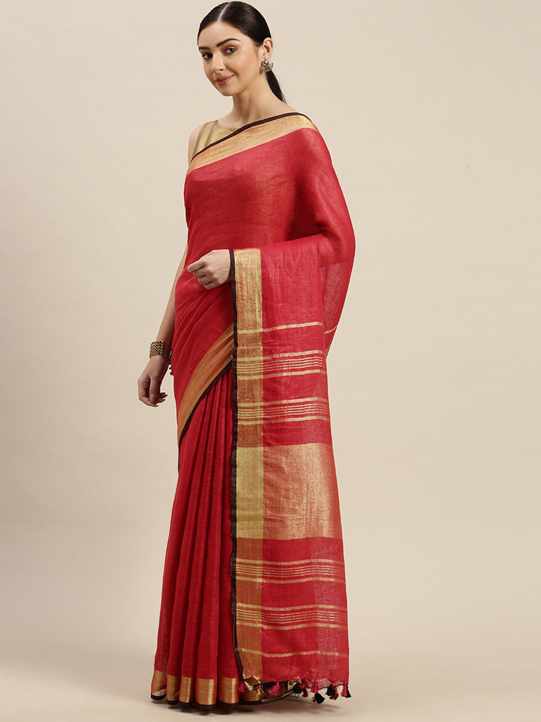 Red & Golden Pure Linen Solid Handloom Sustainable Bhagalpuri Saree (NASR3-59-RED)