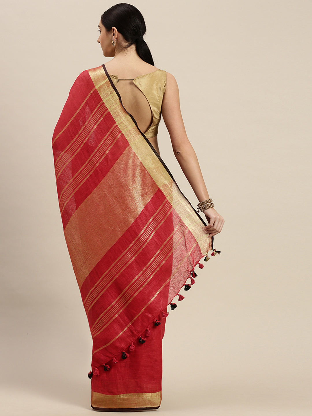 Red & Golden Pure Linen Solid Handloom Sustainable Bhagalpuri Saree (NASR3-59-RED)