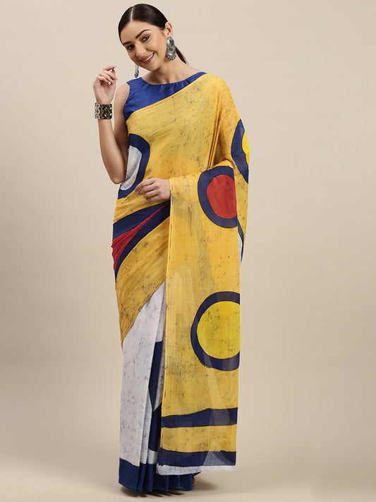 Yellow & White Pure Cotton Printed Linen Saree (NASR3-63-YELLOW)