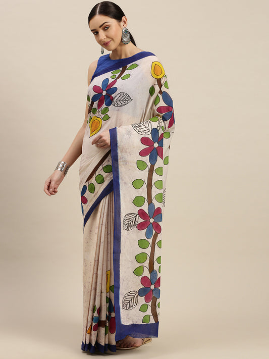 Pure Cotton Cream-Coloured & Blue Printed Linen Saree (NASR3-66-BLUE)