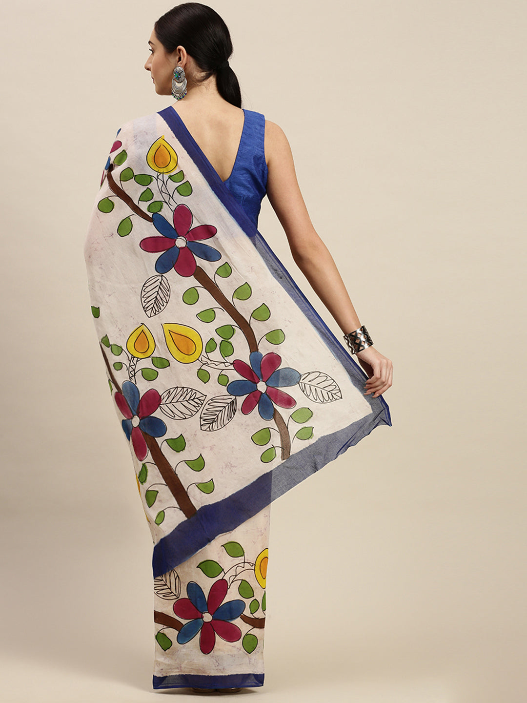 Pure Cotton Cream-Coloured & Blue Printed Linen Saree (NASR3-66-BLUE)