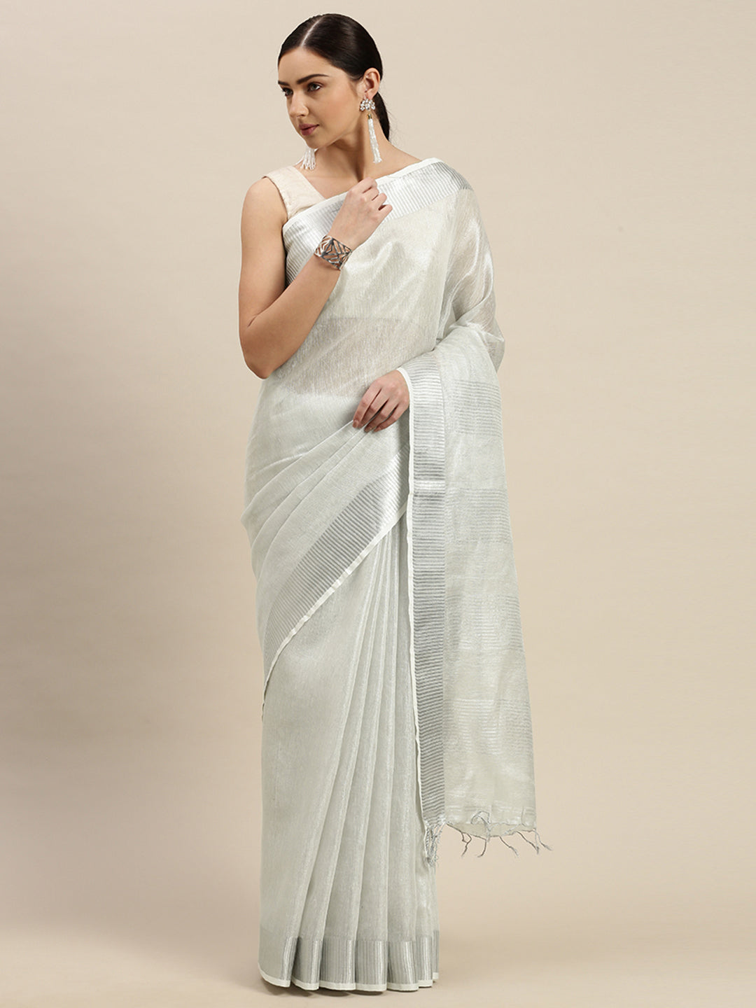 White Tissue Solid Bhagalpuri Handloom Saree (NASR3-72-SILVER)