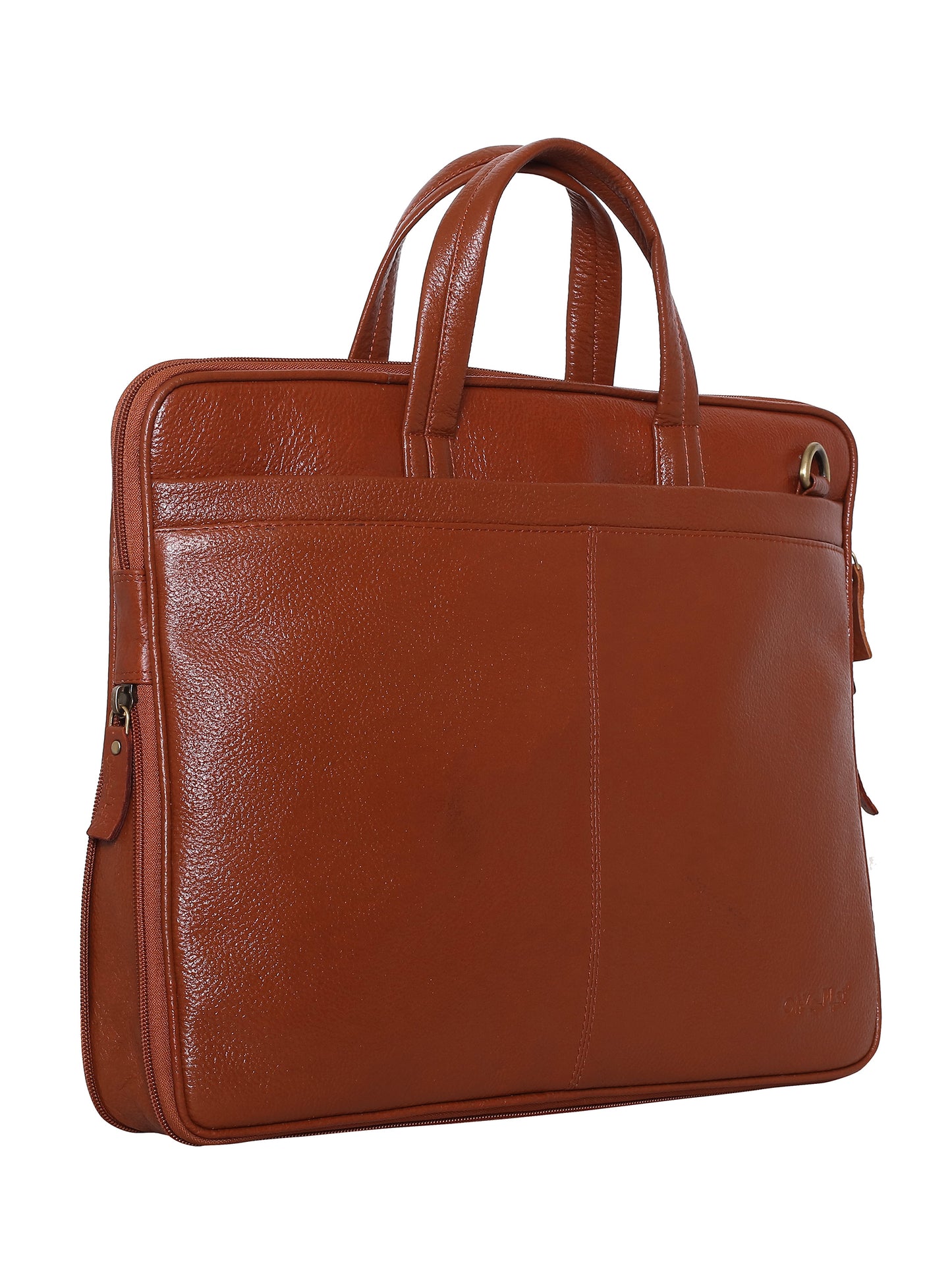 Unisex Tan Solid Leather Expandable Laptop Bag 16 Inch (OMLB-021N-TAN)