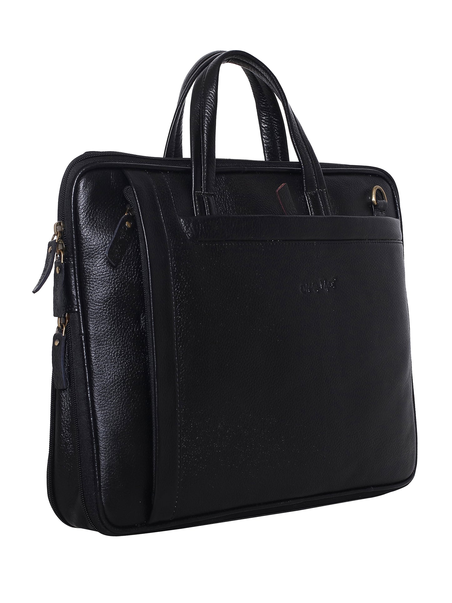 Unisex Black Solid Leather Expandable Laptop Bag 16 Inch (OMLB-020N-BLACK)