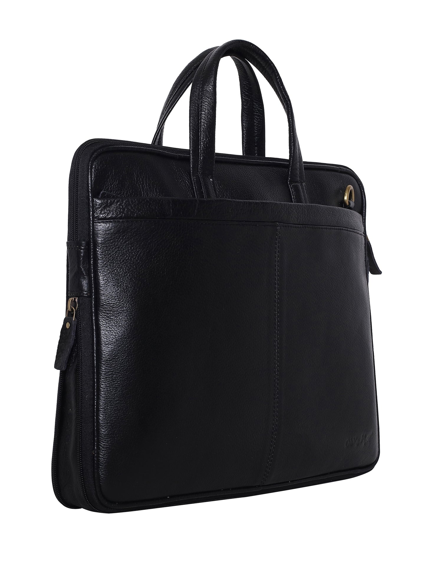 Unisex Black Solid Leather Expandable Laptop Bag 16 Inch (OMLB-021N-BLACK)