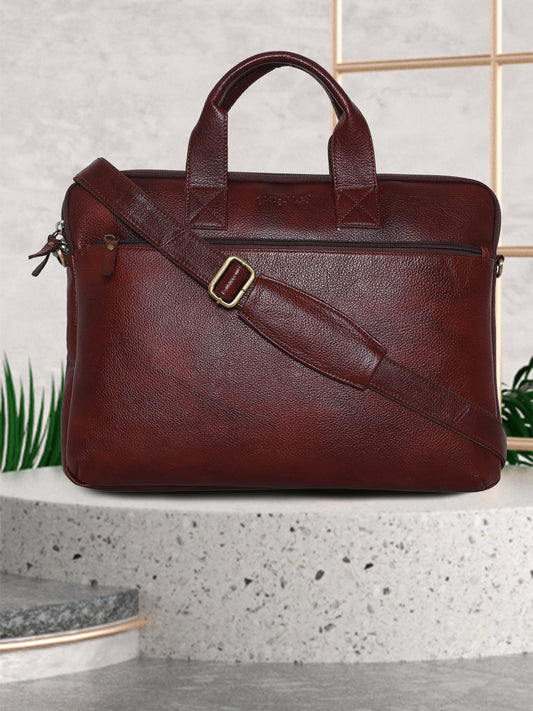 Unisex Brown Solid Leather Laptop Bag 16 Inch (OMLB-025N-B-BROWN)