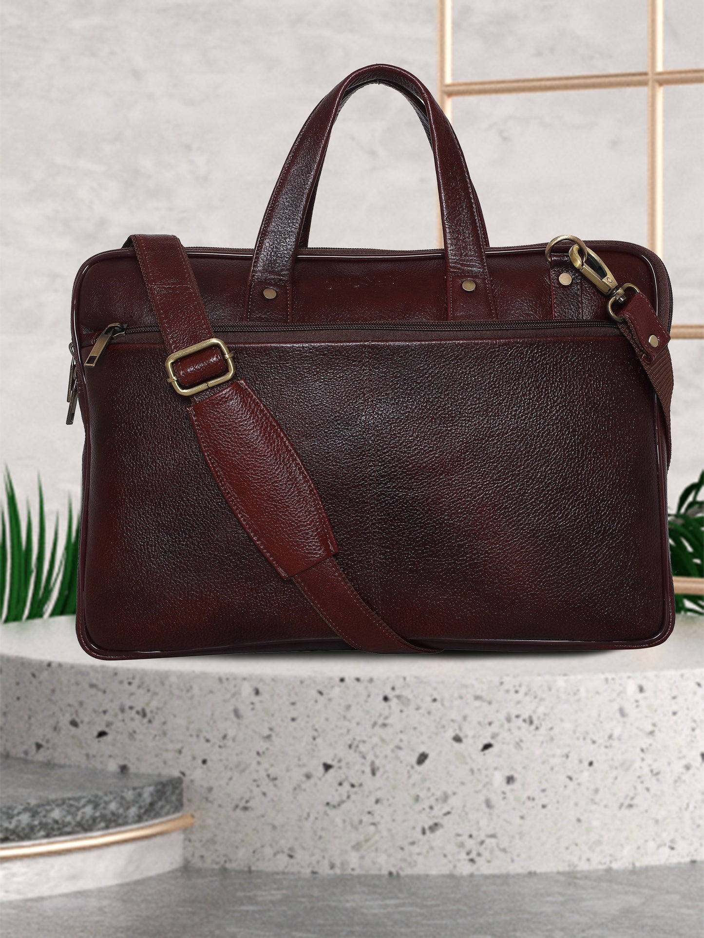 Unisex Brown Solid Leather Laptop Bag 16 Inch (OMLB-026N-B-BROWN)