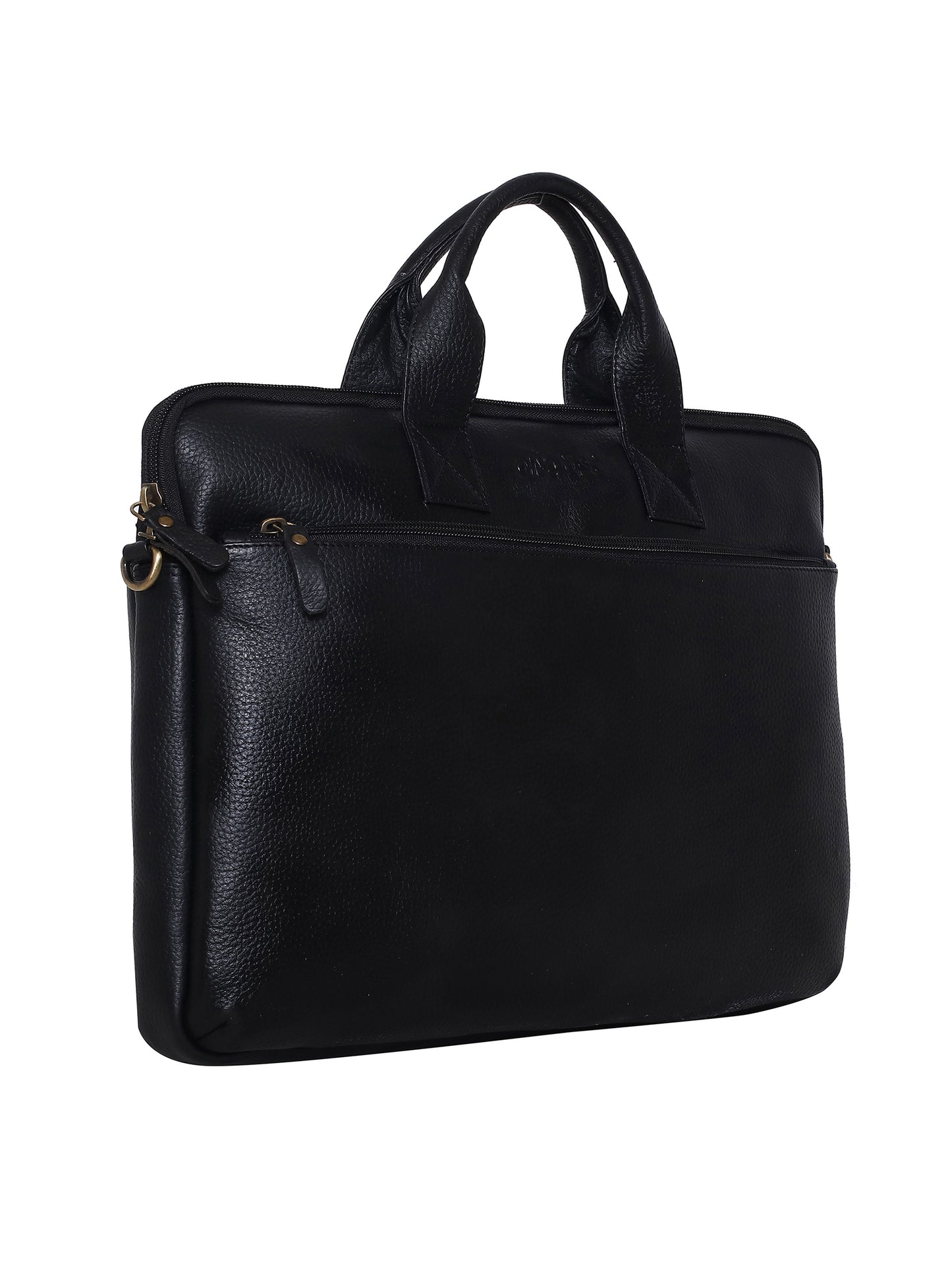 Unisex Black Solid Leather Laptop Bag 16 Inch (OMLB-025N-BLACK)