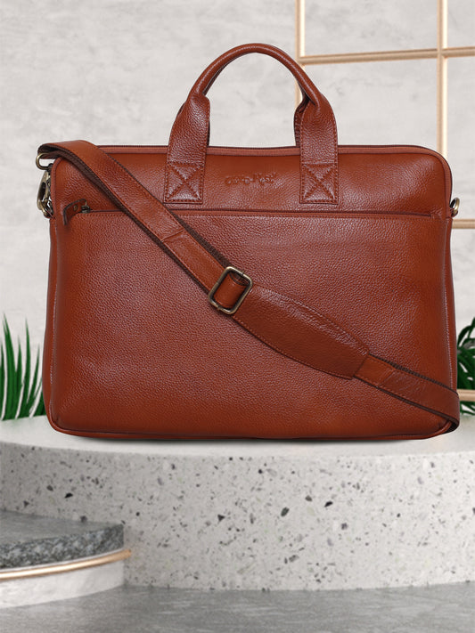 Unisex Tan Solid Leather Laptop Bag 16 Inch (OMLB-025N-TAN)