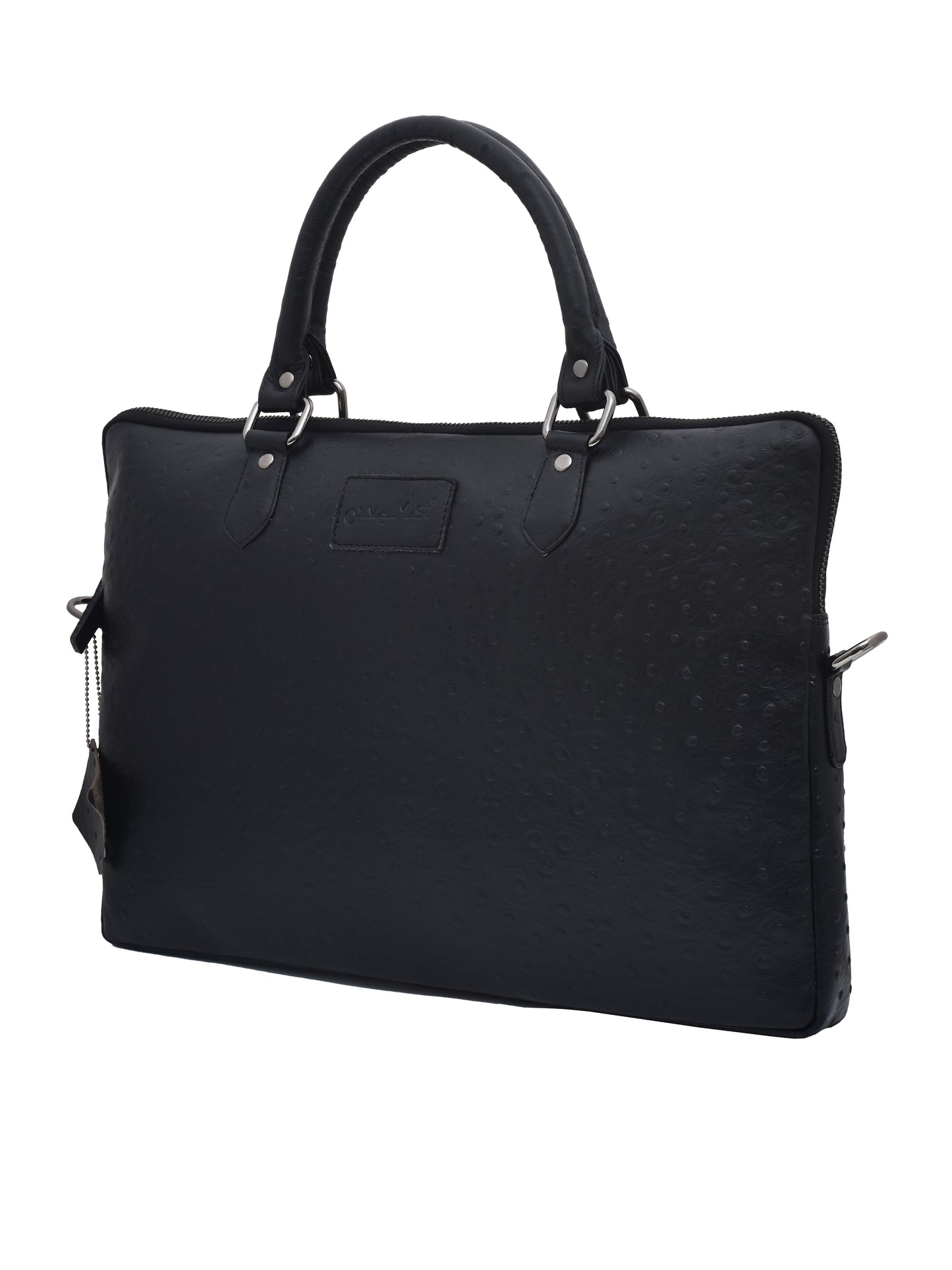 Unisex Black Ostrich Print Leather 16 Inch Laptop Bag (OMLB-001-O-BLACK)