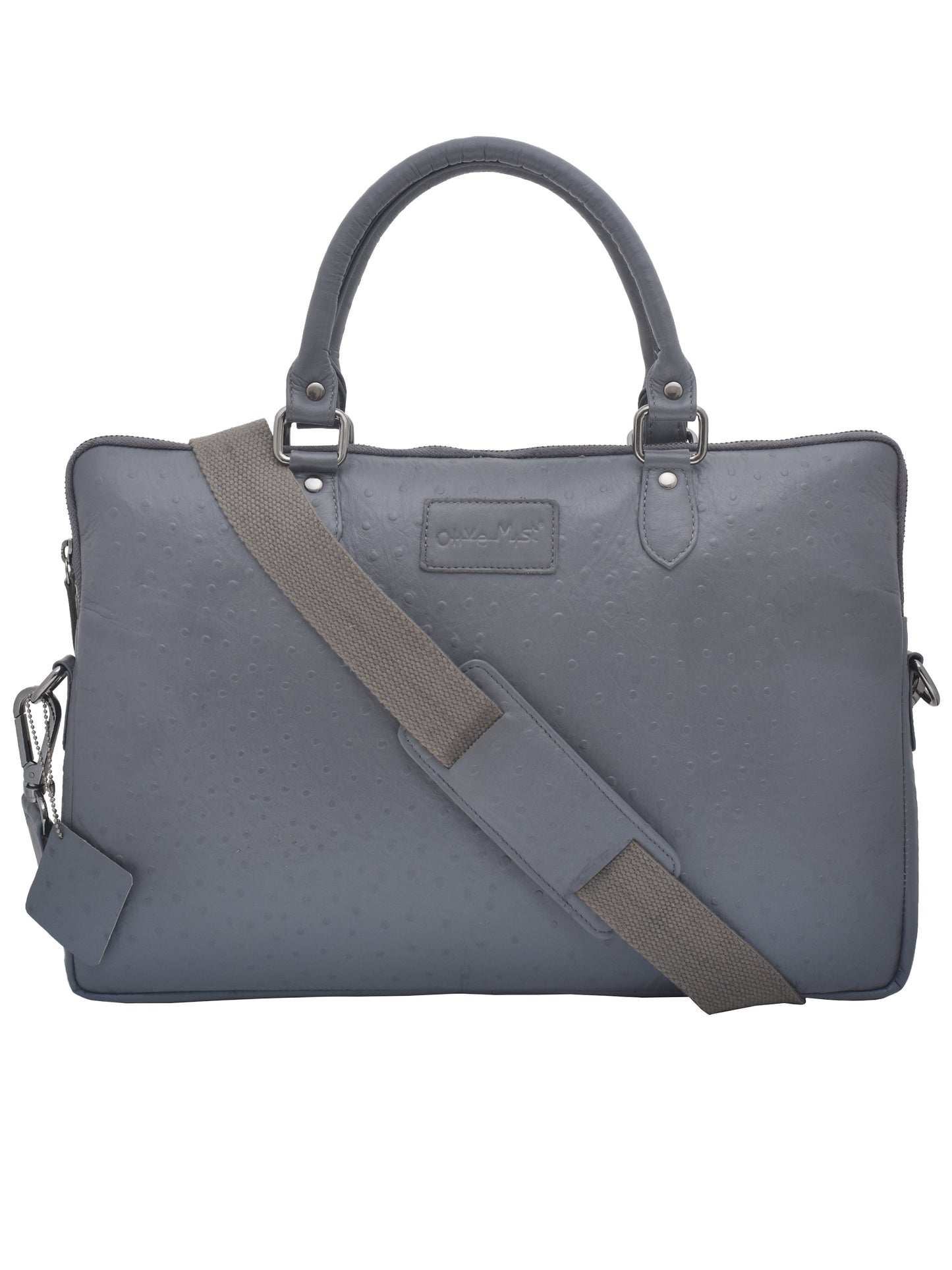 Leather Laptop Bag Unisex Grey Ostrich Textured Sleek 16 Inch (OMLB-001-O-GREY)