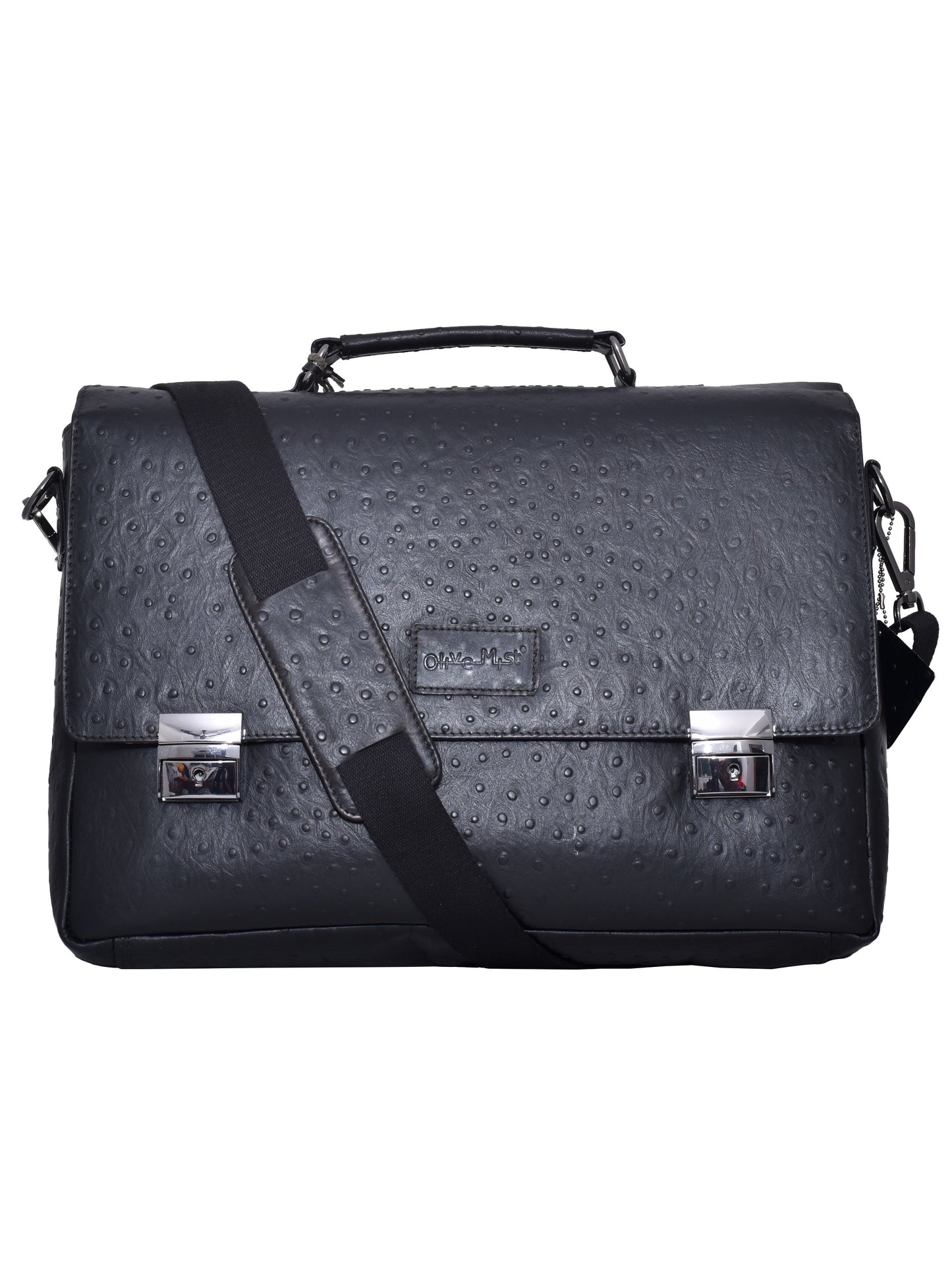 Black Leather Laptop Unisex Ostrich Textured Bag With Lock & Key 16 Inch (OMLB-004-O-BLACK)