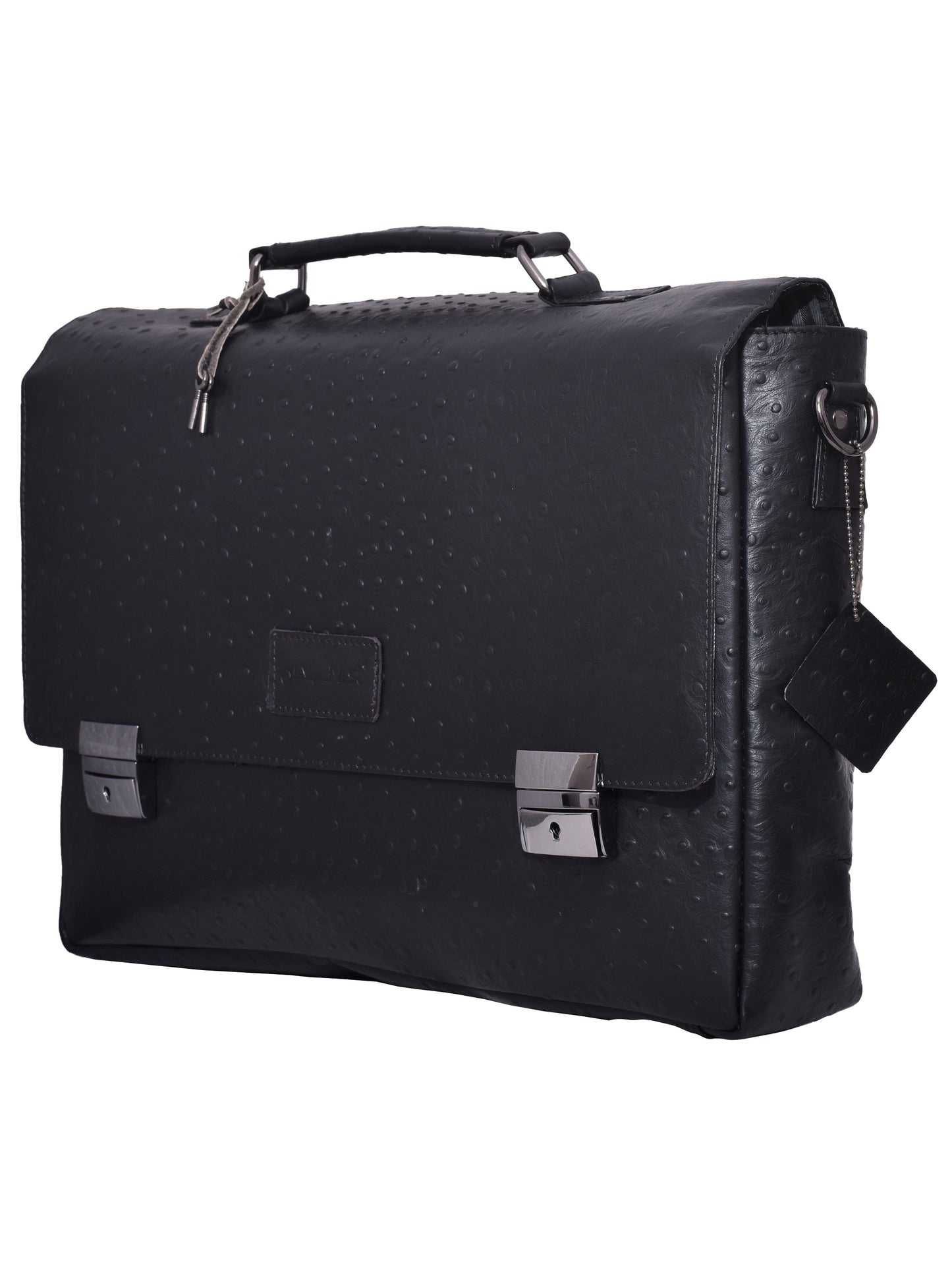 Black Leather Laptop Unisex Ostrich Textured Bag With Lock & Key 16 Inch (OMLB-004-O-BLACK)