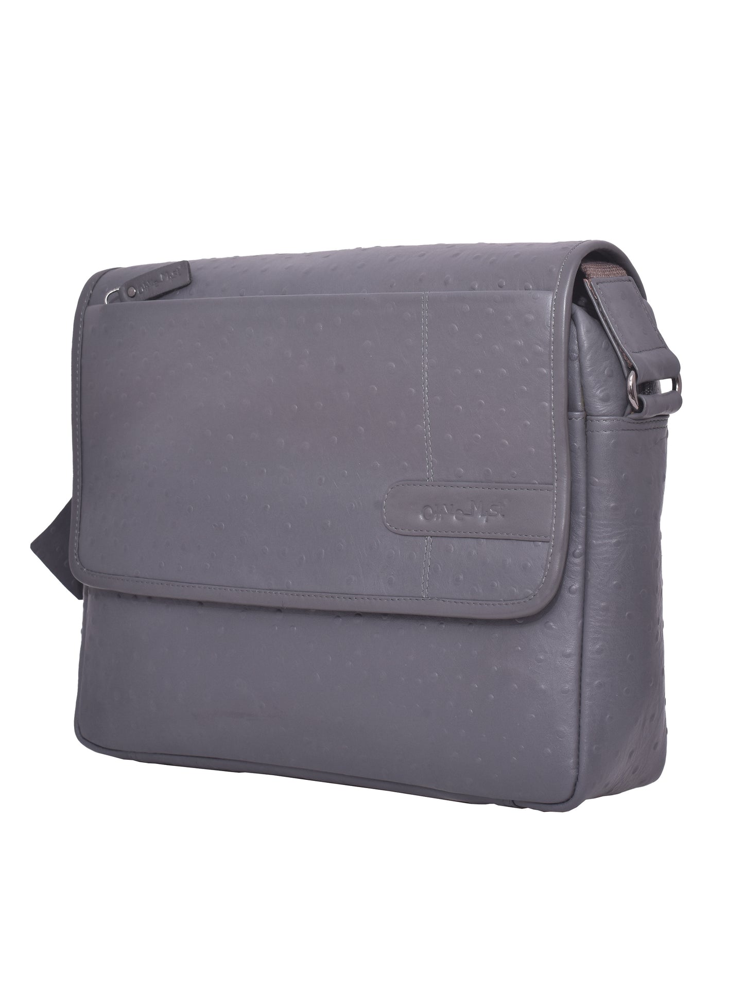 Unisex Genuine Leather Laptop Bag - Grey Ostrich Textured 14 Inch (OMLB-009-O-GREY)