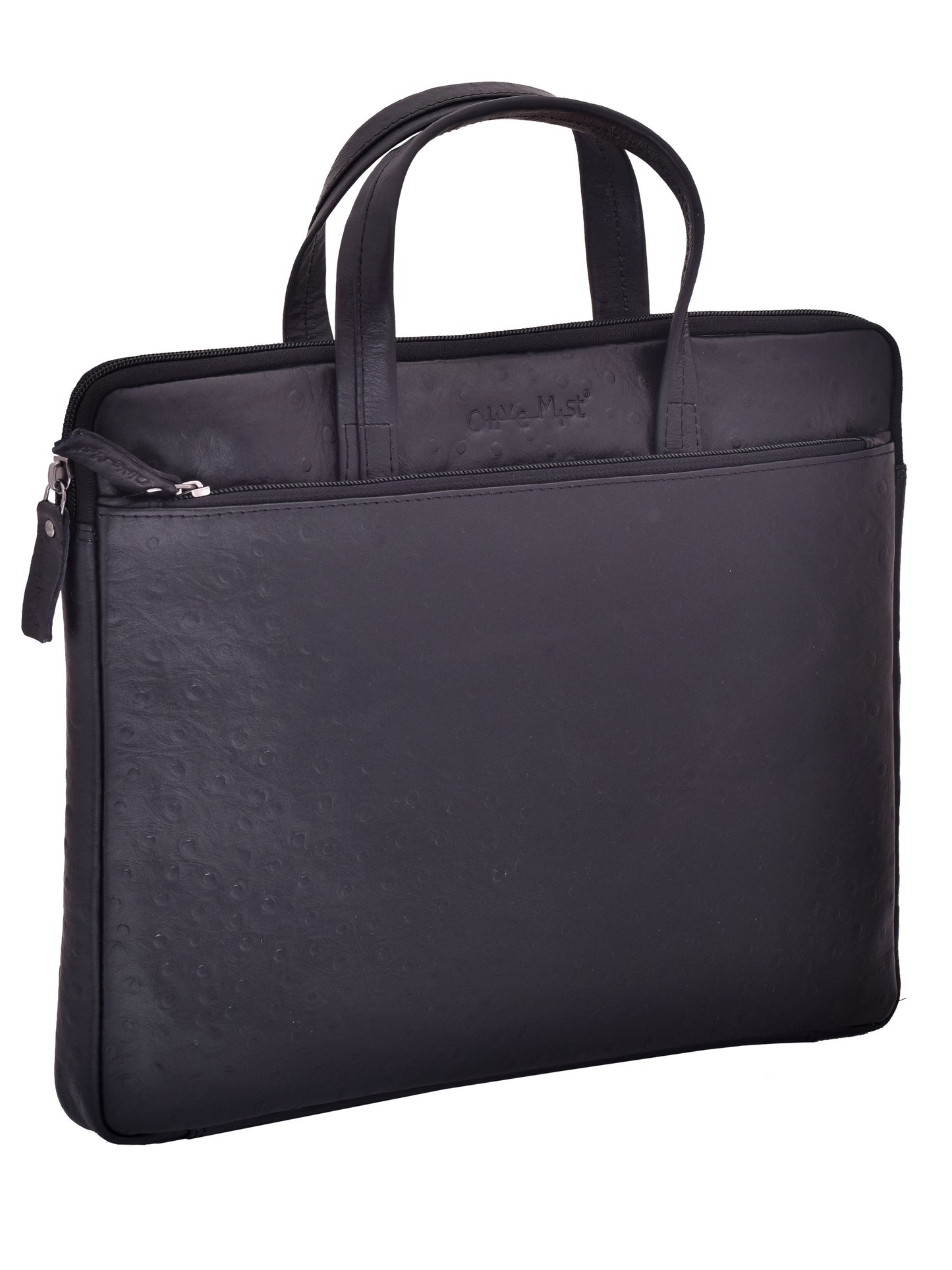 Unisex Black Ostrich Textured Leather Laptop Bag 14 Inch (OMLS-011-O-BLACK)